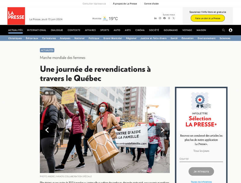 Capture d'écran d'un article intitulé "Une journée de revendications à travers le Québec"