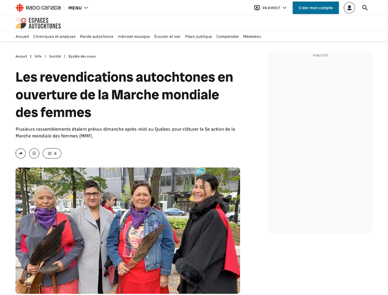 Capture d'un article intitulé "Les revendications autochtones en ouverture de la Marche mondiale des femmes"